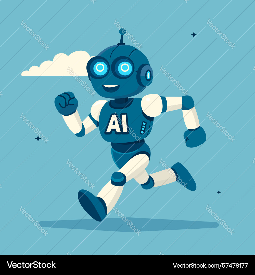Cheerful robot is running on blue background text Cheerful robot is running on blue background text vector image