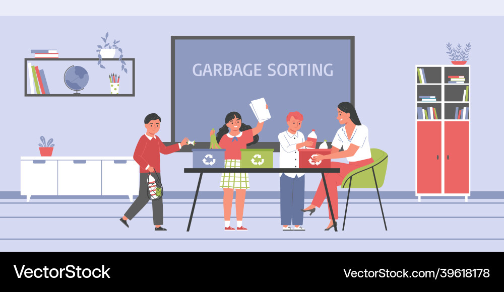 Children sorting garbage composition Children sorting garbage composition vector image