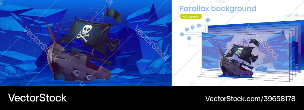 Parallax background for game sunken pirate ship vector image