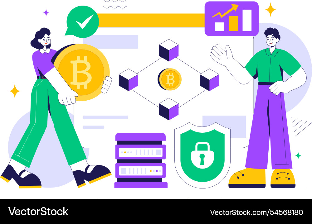 Blockchain featuring a tech architect working Blockchain featuring a tech architect working Vector Image