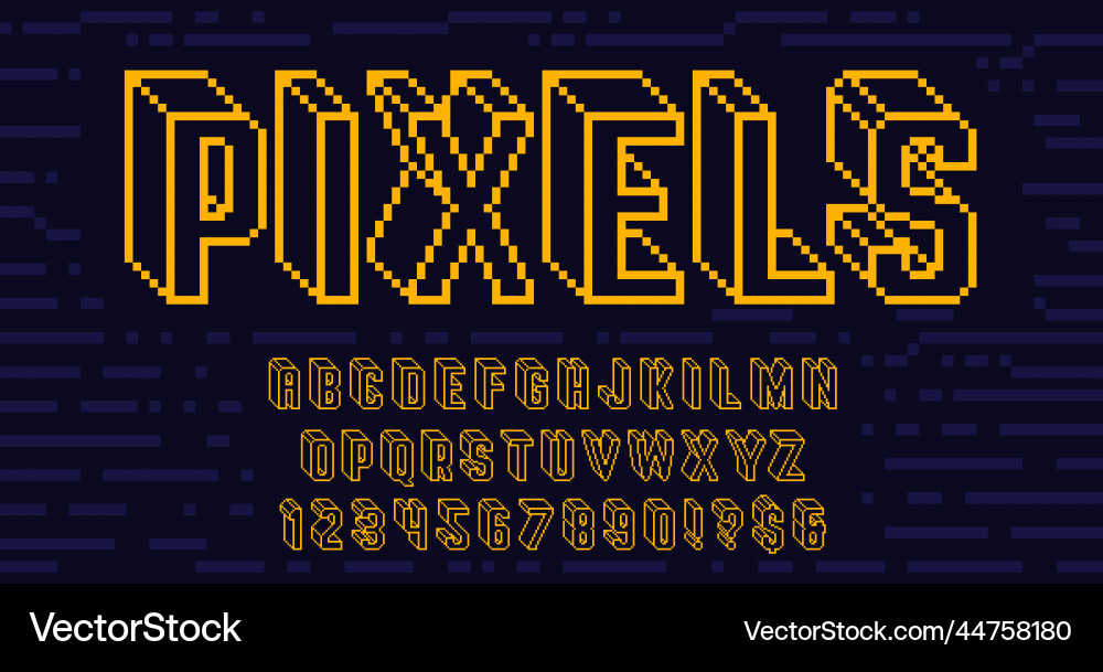 Futuristic wireframe pixel art font digital 8 bit vector image