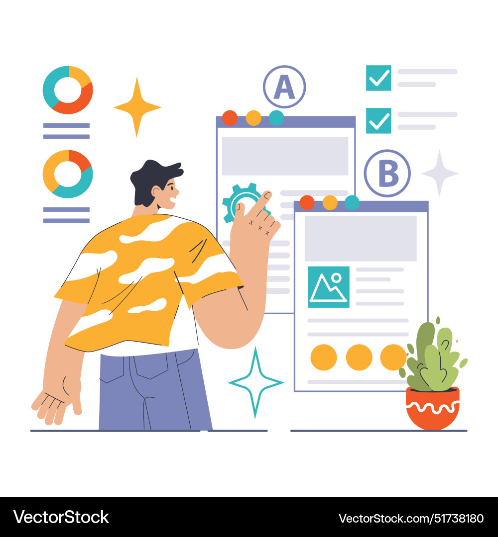 Marketer demonstrates a b testing on dual web Marketer demonstrates a b testing on dual web Vector Image