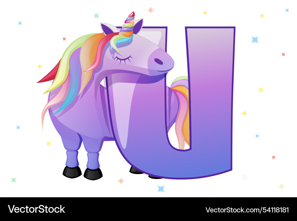 Cartoon unicorn and letter u card for education Cartoon unicorn and letter u card for education vector image