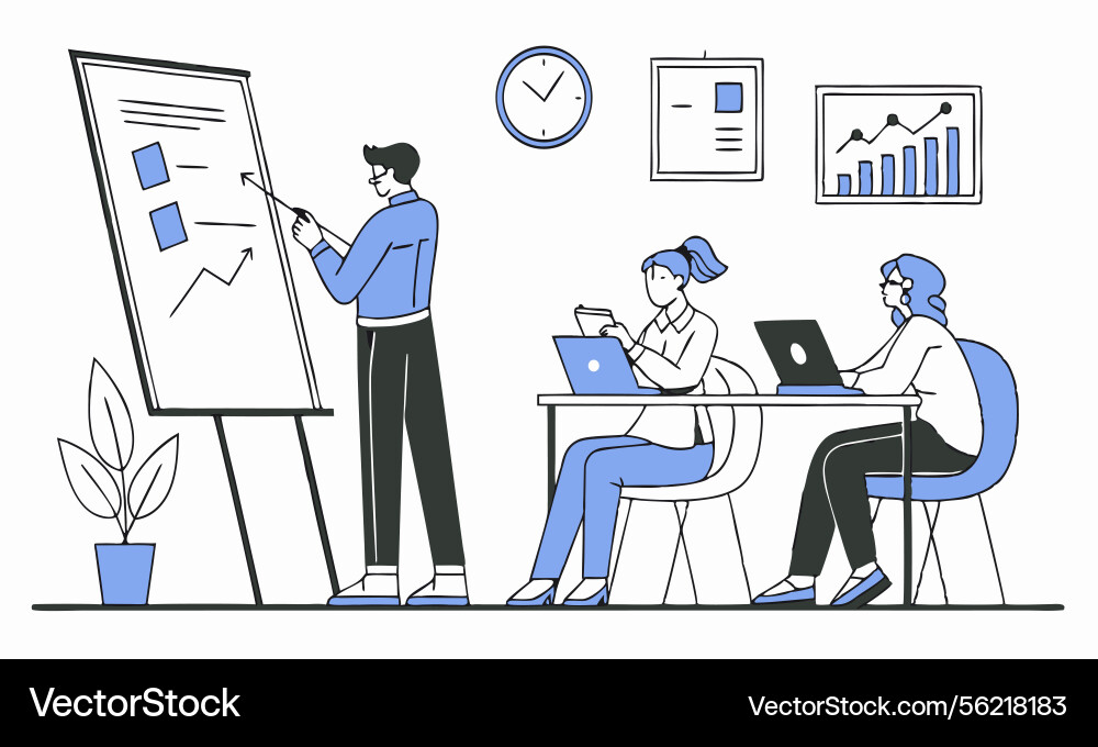 Collaborative team meeting with data visualization Vector Image