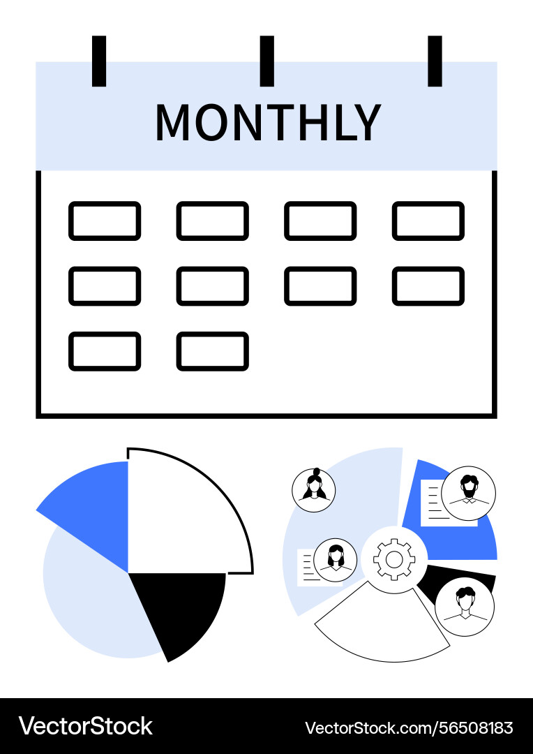 Monthly planner with pie chart and team structure Monthly planner with pie chart and team structure vector image