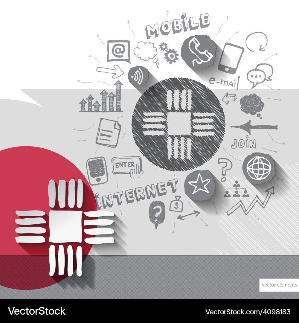 Paper and hand drawn processor emblem with icons vector image