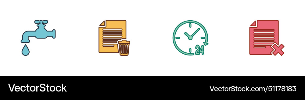 Set water tap delete file document clock 24 hours Vector Image