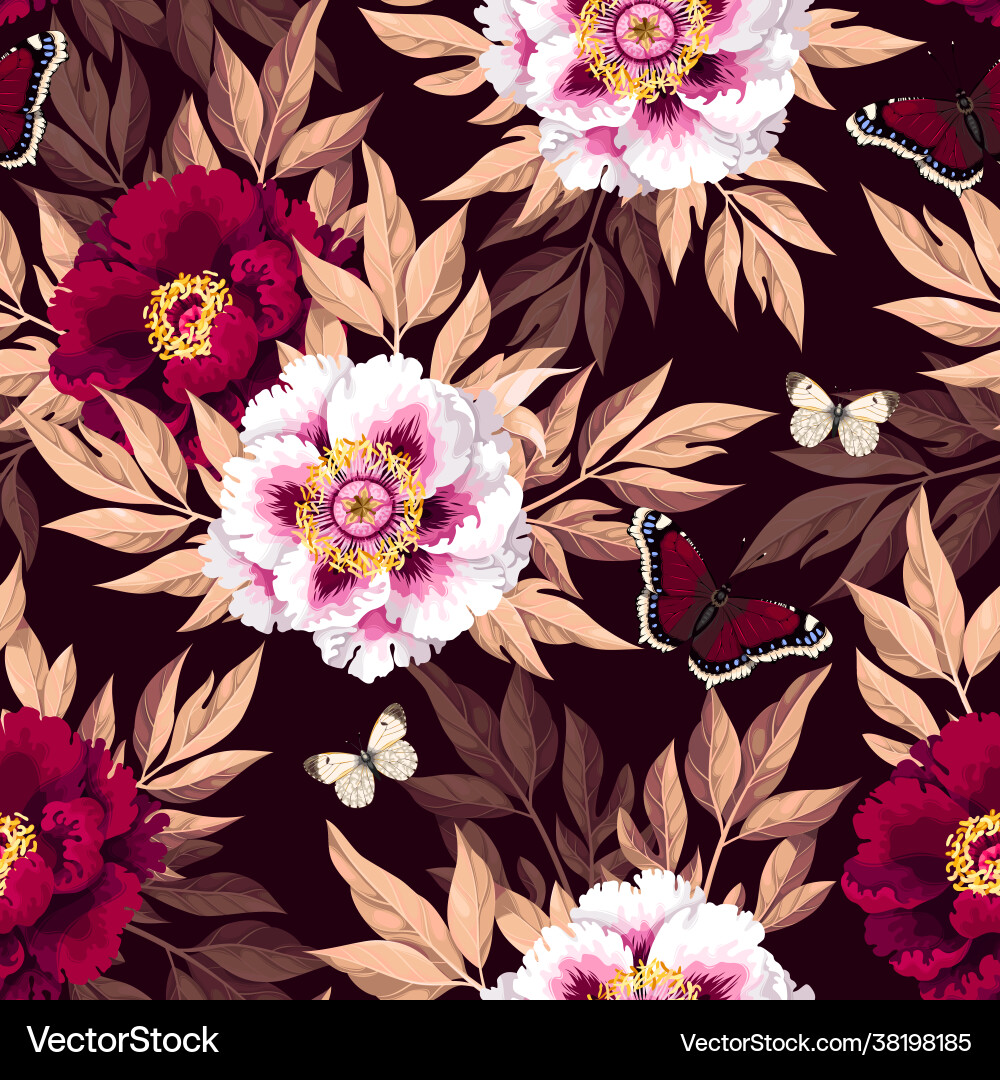 Seamless pattern with white tree peony vector image