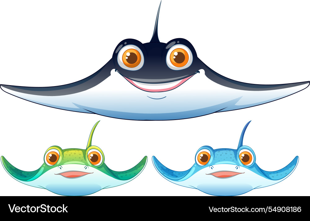 Three colorful stingrays with cheerful expressions Vector Image
