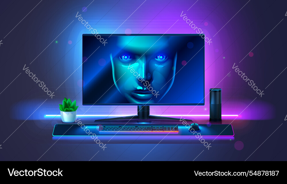 Face of artificial intelligence on computer screen Face of artificial intelligence on computer screen vector image