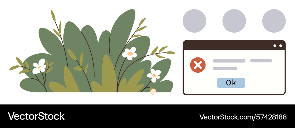 Error message popup and shrub with flowers Vector Image