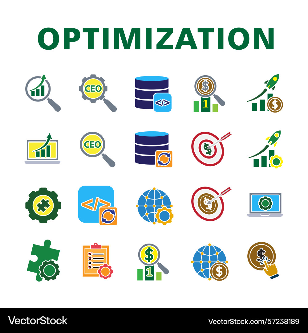 Optimization icon set database workflow seo Optimization icon set database workflow seo vector image