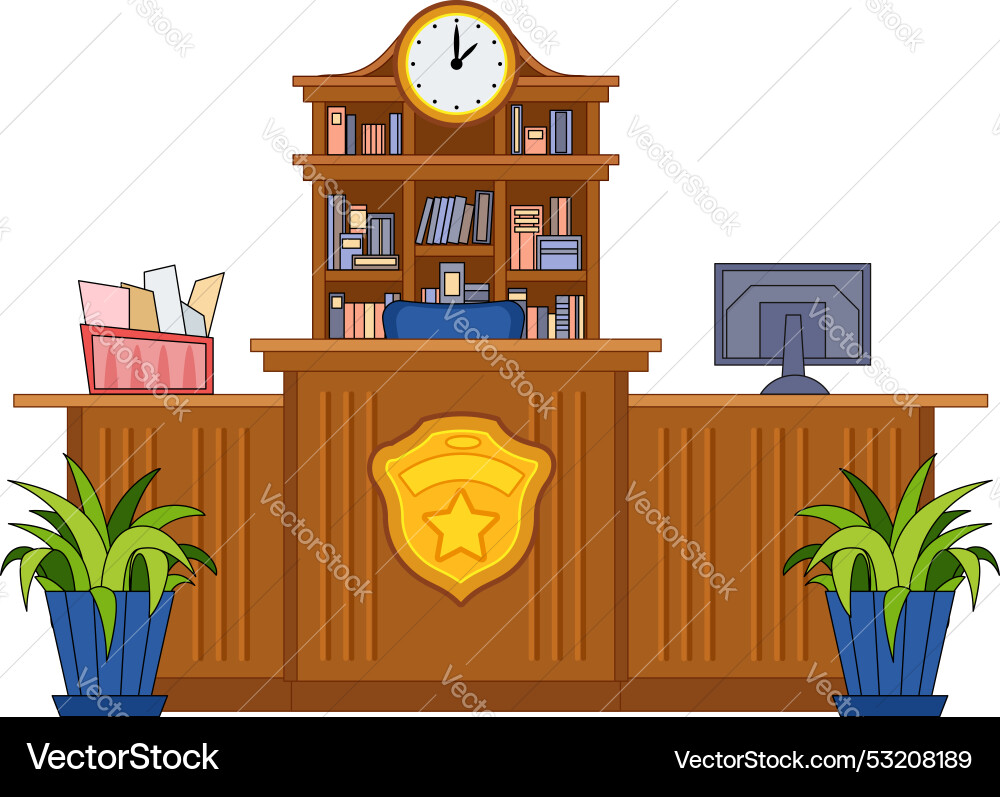 Wooden reception desk with computer and bookshelf vector image