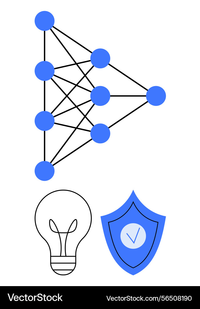 Neural network diagram with lightbulb and shield Neural network diagram with lightbulb and shield Vector Image