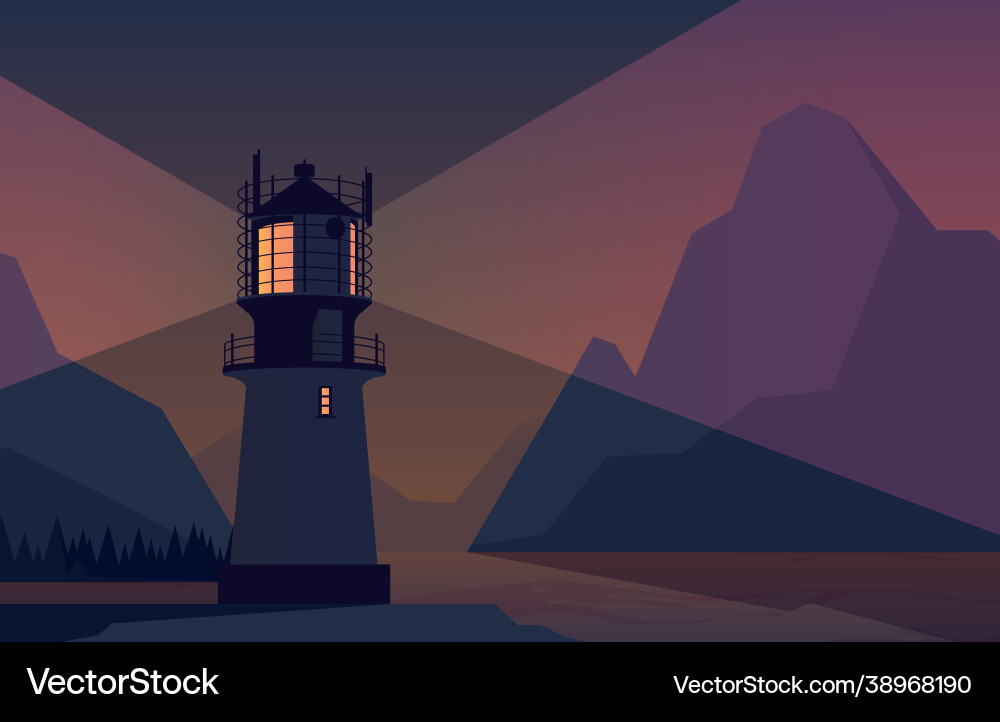 Night landscape lighthouse ocean with rocks vector image