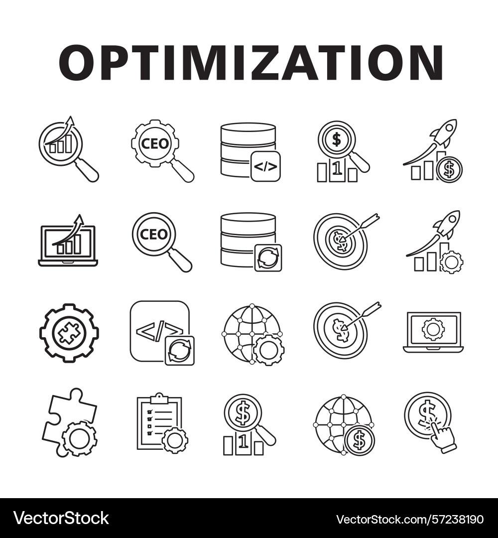 Optimization icon set database workflow seo vector image