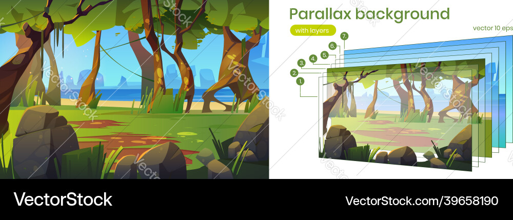 Parallax background with jungle forest and river Parallax background with jungle forest and river vector image