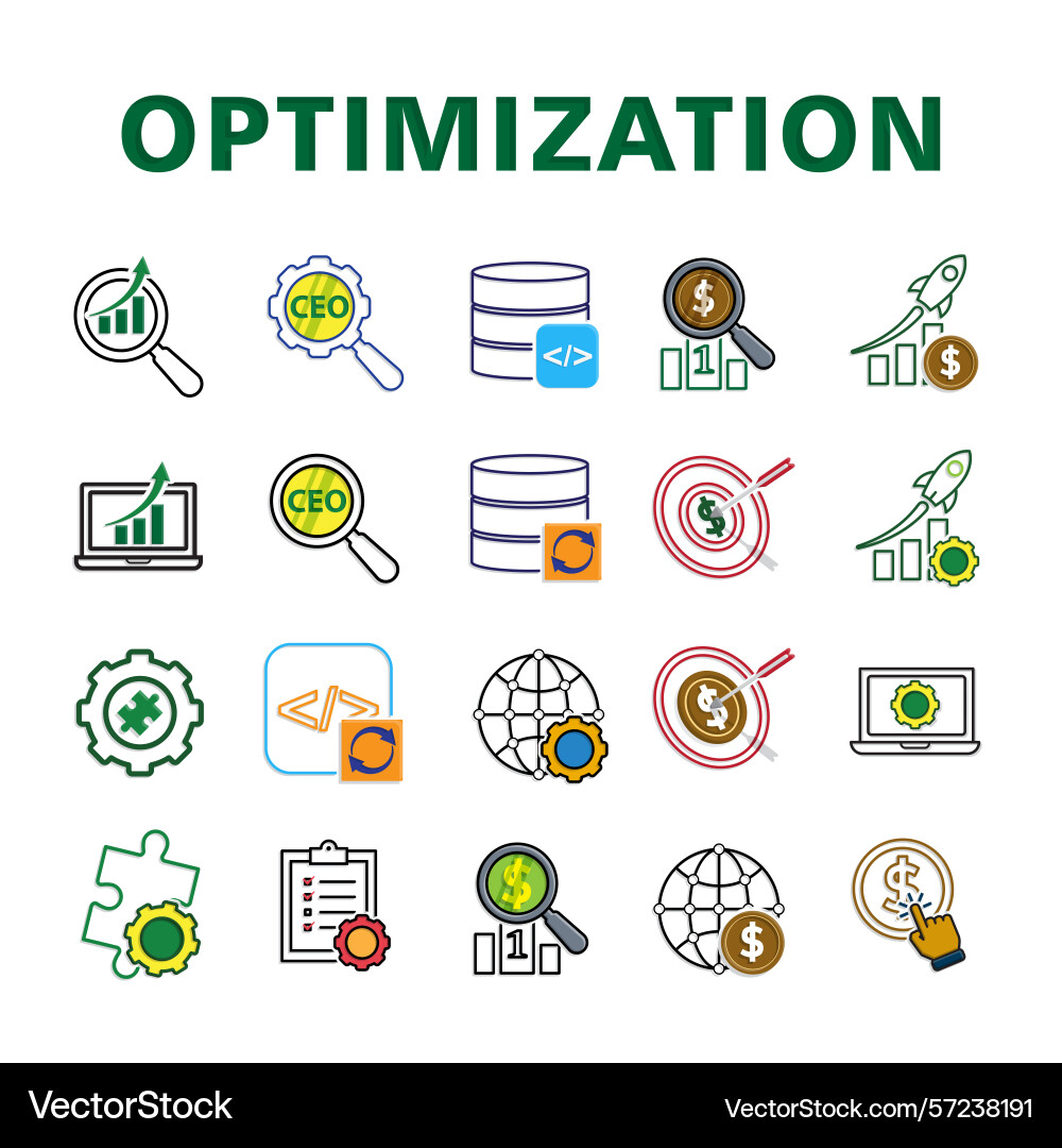 Optimization icon set database workflow seo vector image