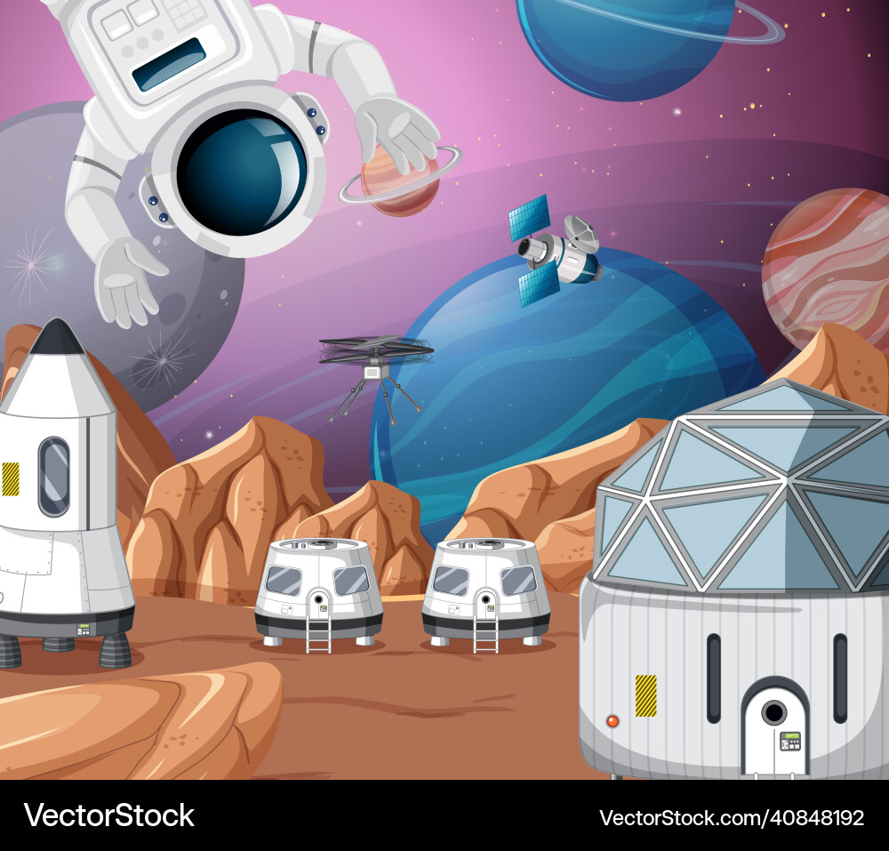 Landschaft der Planetenoberfläche mit Koloniengebäuden Landschaft der Planetenoberfläche mit Koloniengebäuden vektorbild