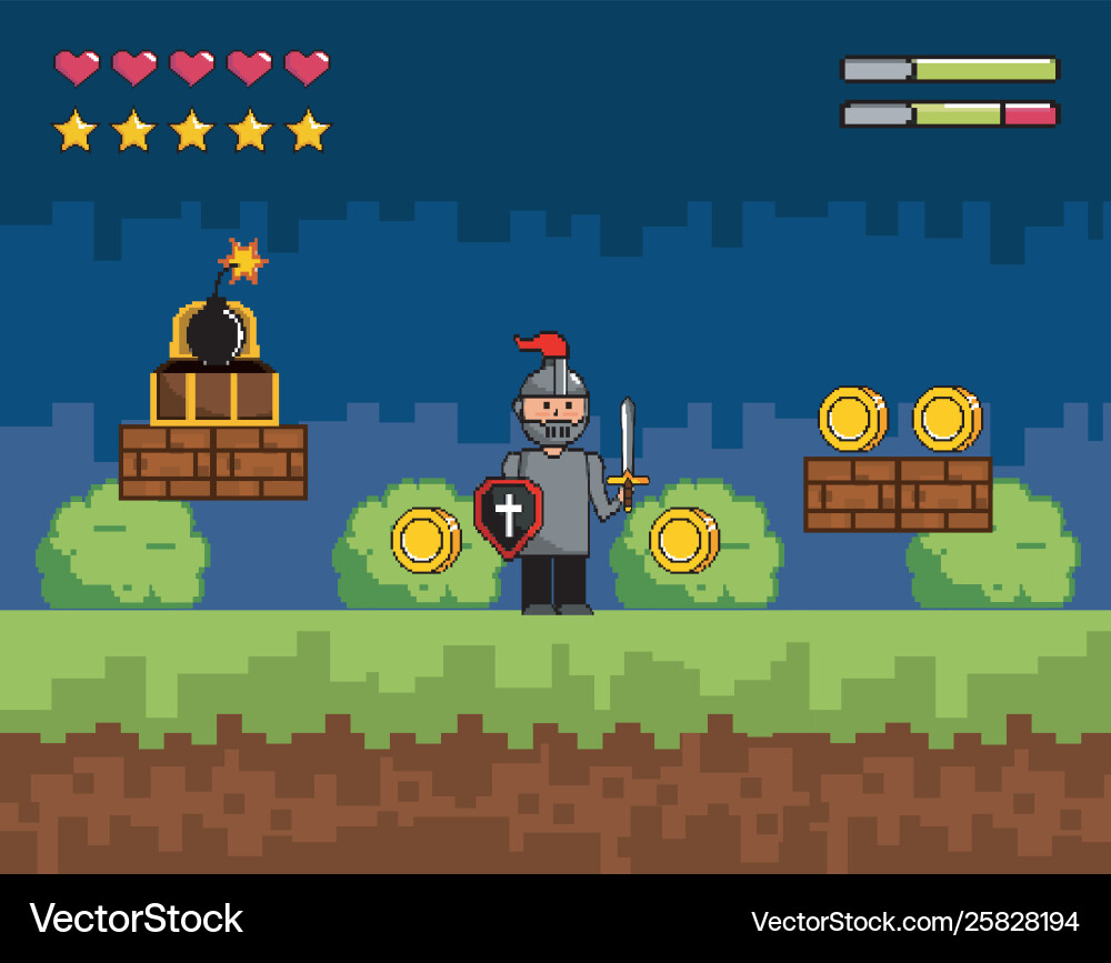 Arcade game world and pixel scene design vector image