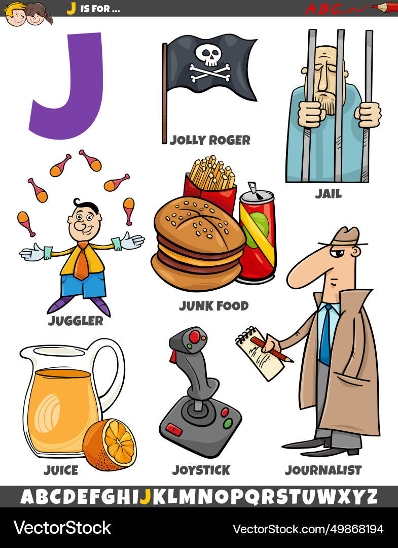 Letter j set with cartoon objects and characters Letter j set with cartoon objects and characters vector image