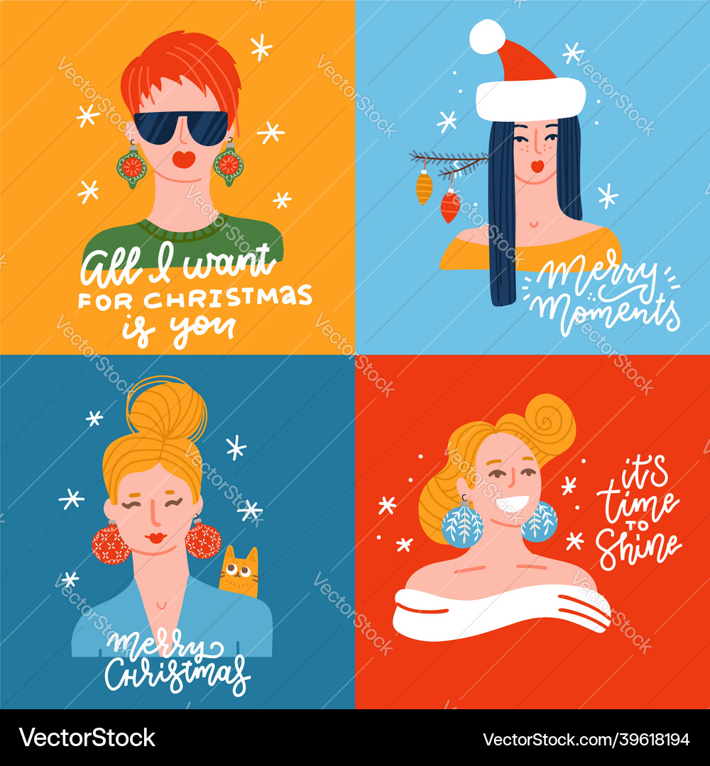 Set of young women dressed up for christmas Set of young women dressed up for christmas vector image
