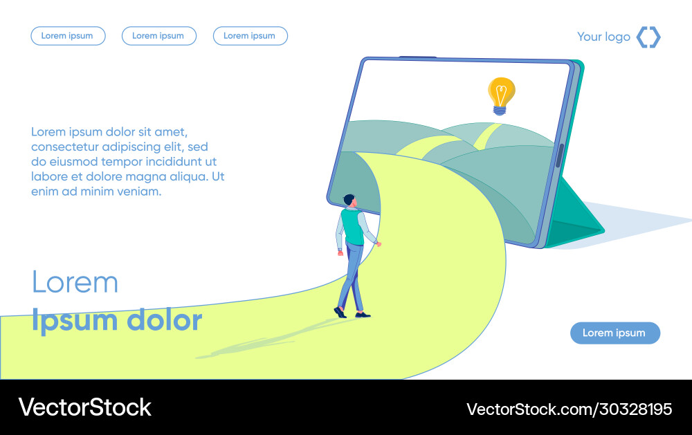 Man follows path leading through tablet light bulb Man follows path leading through tablet light bulb vector image