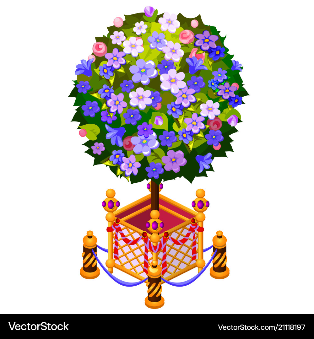 Compact tree in golden pot with fence isolated Vector Image