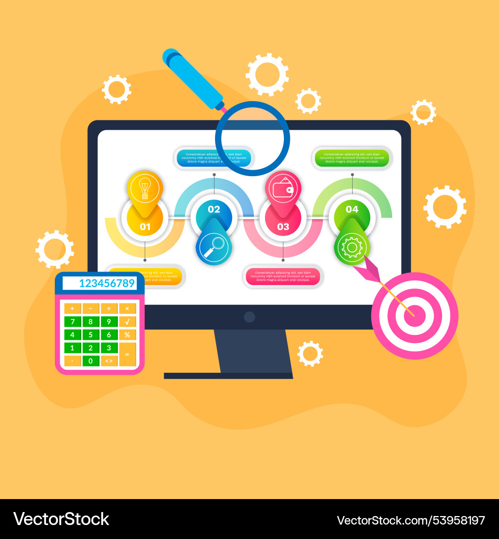 Digital workflow with calculator and magnifying Digital workflow with calculator and magnifying vector image