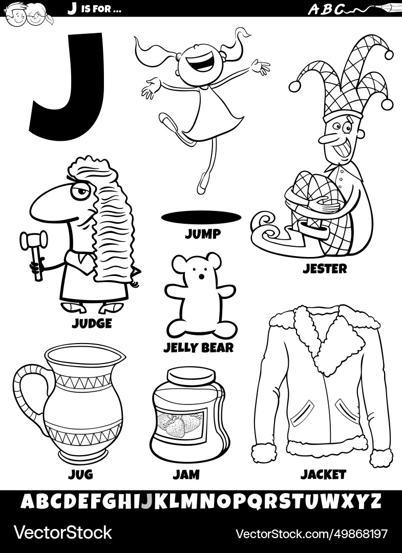 Letter j set with cartoon objects and characters vector image