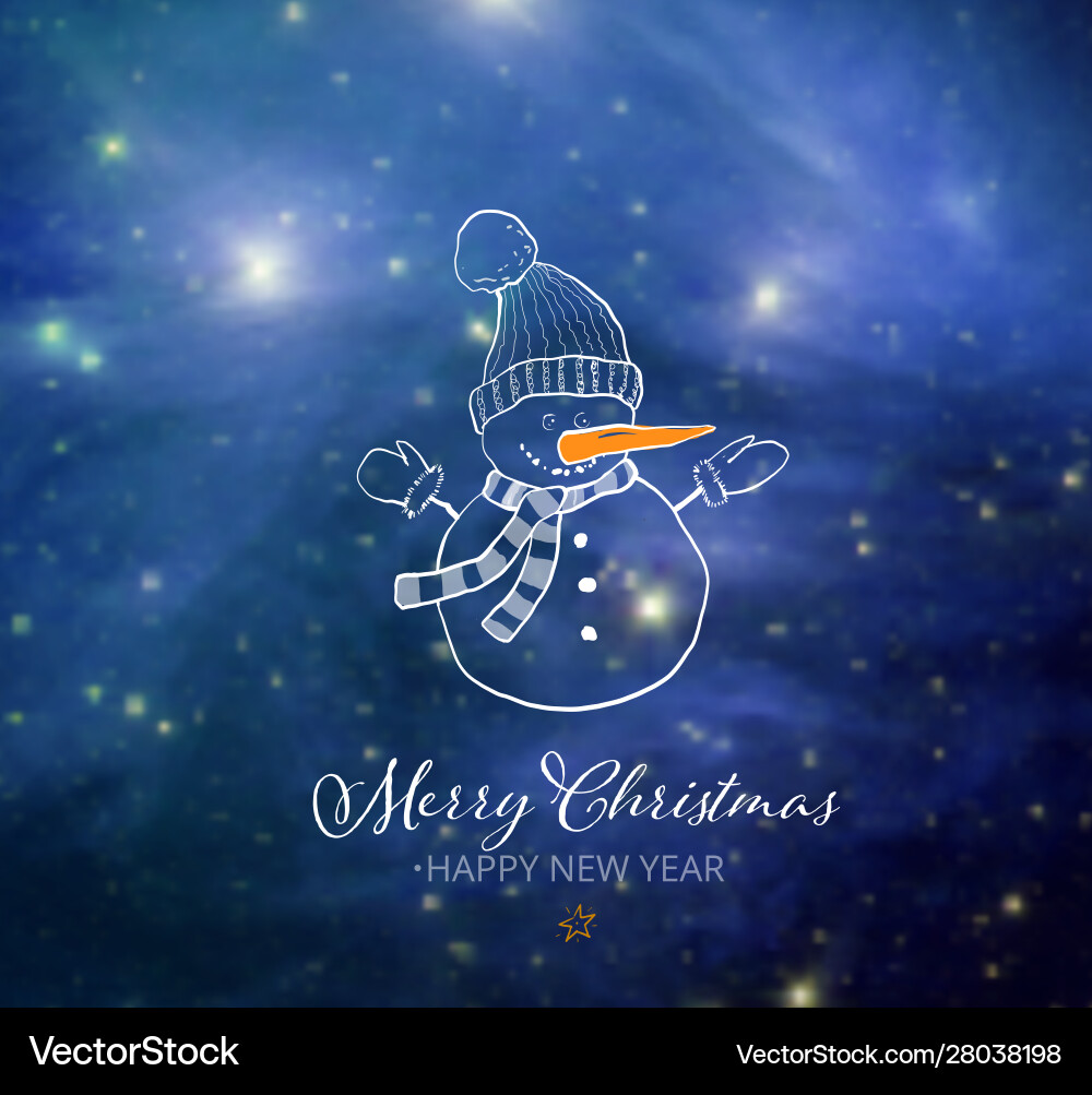 Cute snowman on blue night sky glowing background Cute snowman on blue night sky glowing background vector image