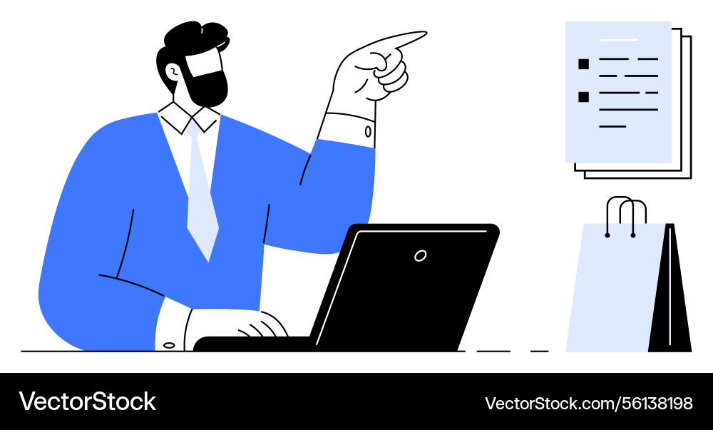 Office worker pointing at tasks while using Office worker pointing at tasks while using vector image