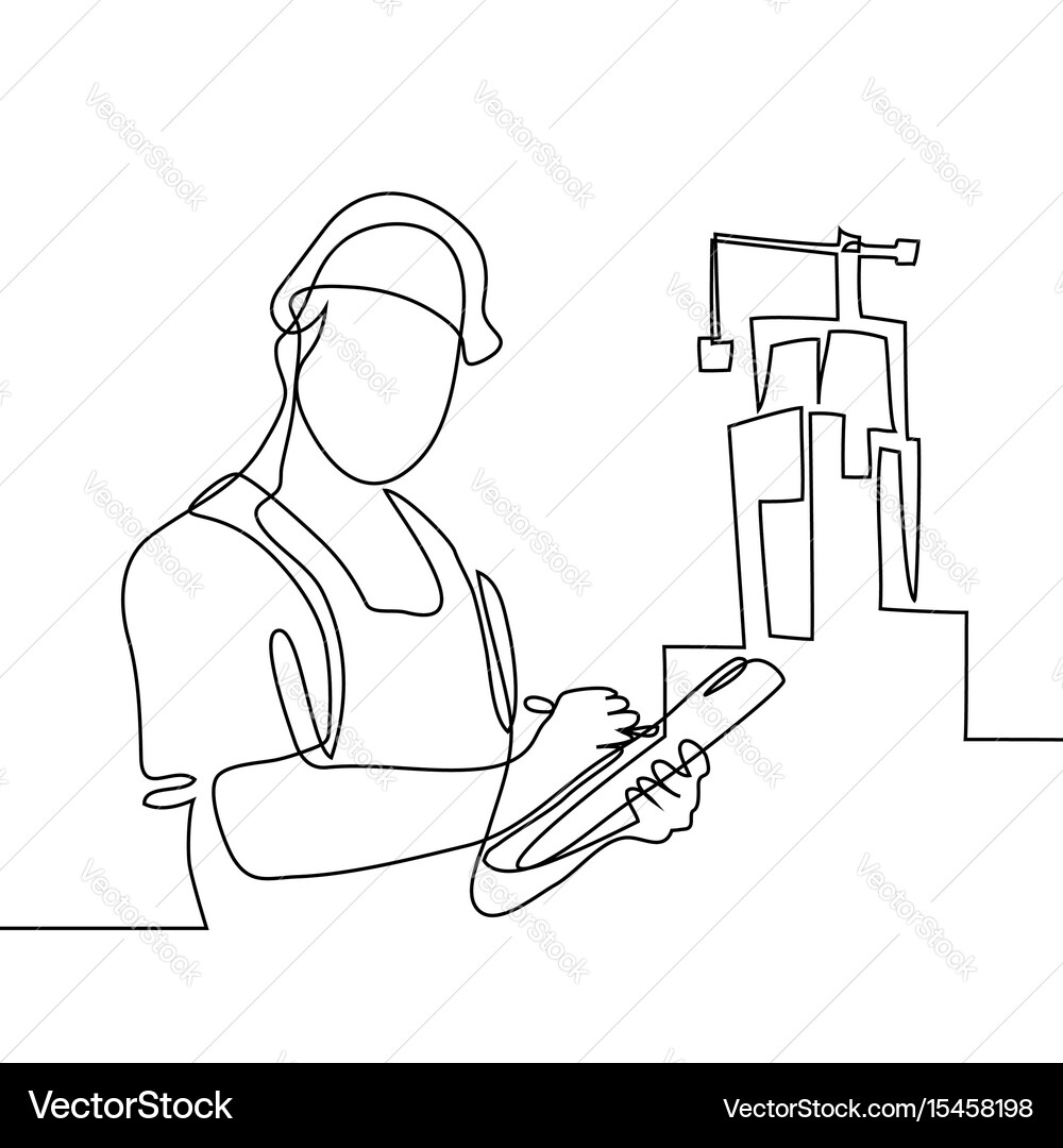 Standing builder man holding tablet Vector Image