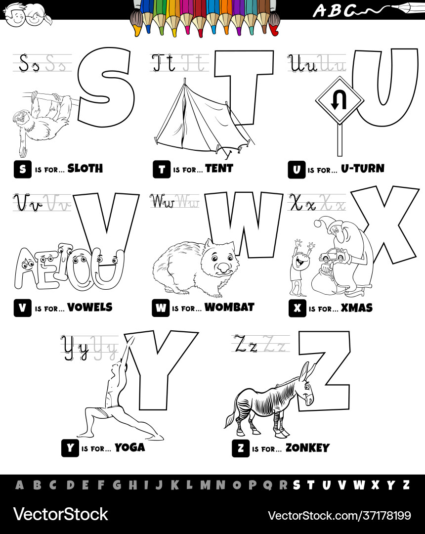 Educational cartoon alphabet set from s to z Educational cartoon alphabet set from s to z vector image