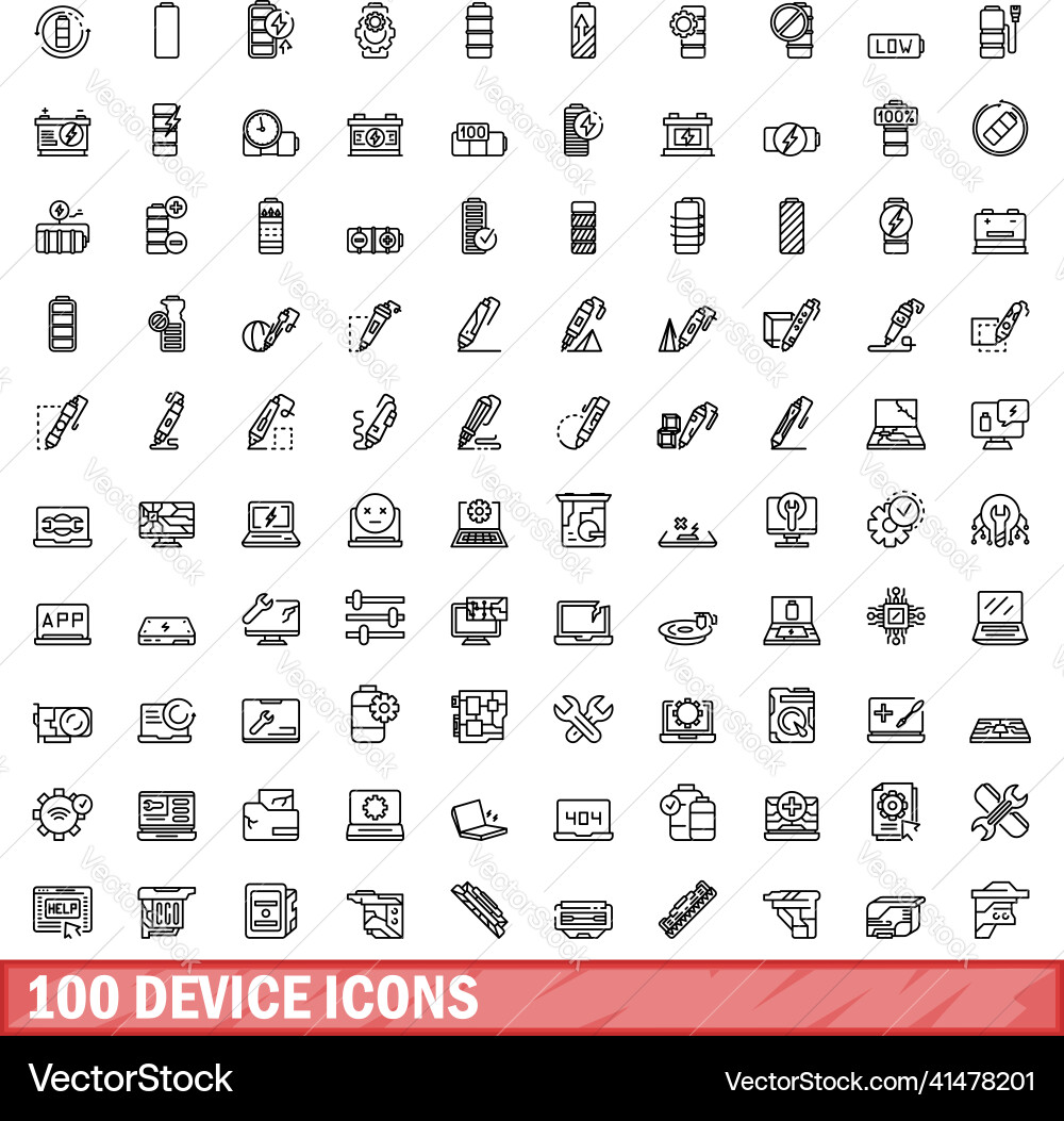 100 device icons set outline style 100 device icons set outline style vector image