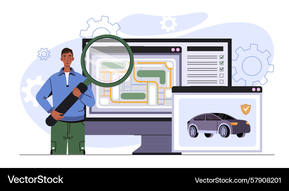 Man analyzing car tracking data on screen Man analyzing car tracking data on screen vector image