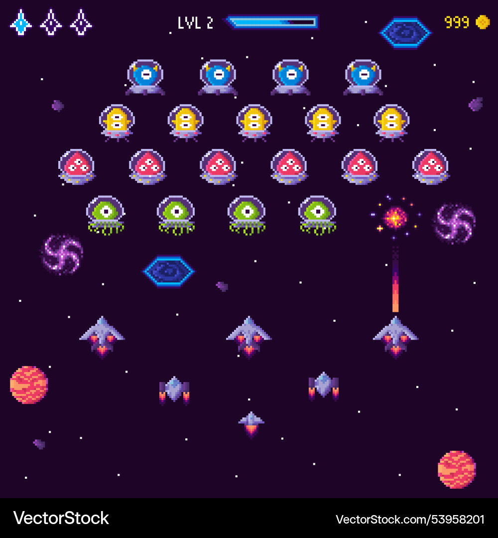 Retro pixel space shooter game level with aliens Retro pixel space shooter game level with aliens Vector Image
