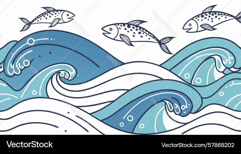 Ocean waves pattern with jumping fish - dynamic vector image