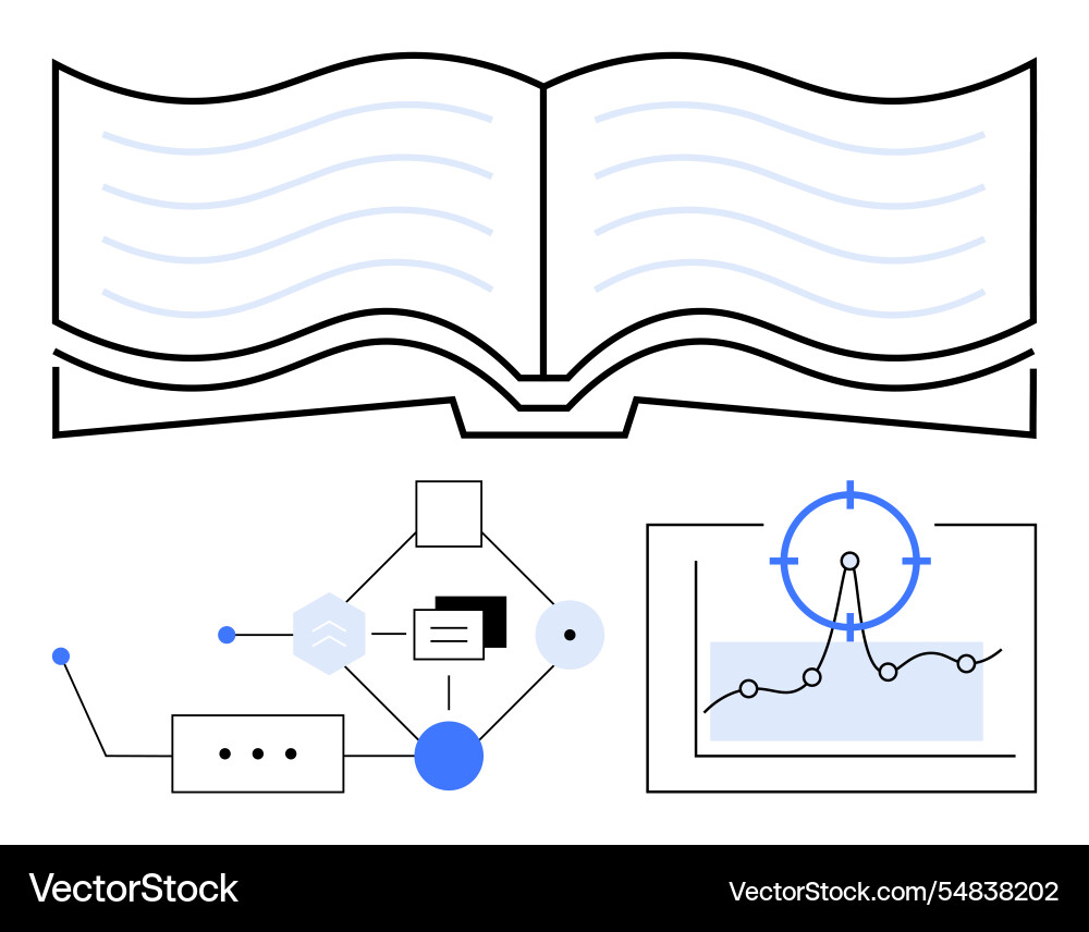 Open book with flowchart and data analysis target vector image