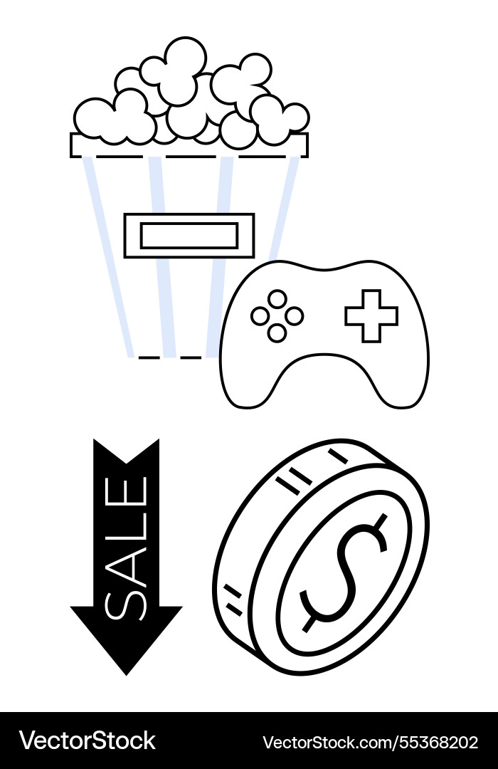 Popcorn game controller coin and sale arrow Popcorn game controller coin and sale arrow vector image