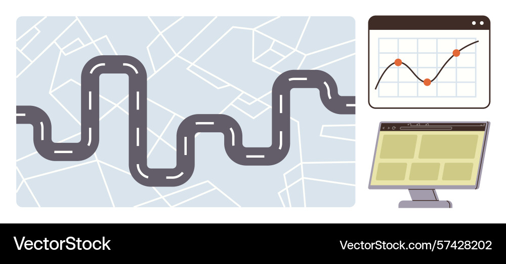 Winding road navigation with graphs and dashboard Winding road navigation with graphs and dashboard vector image