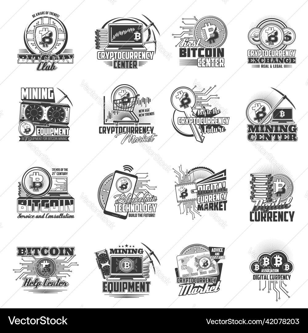 Bitcoin cryptocurrency mining and blockchain icons Bitcoin cryptocurrency mining and blockchain icons Vector Image
