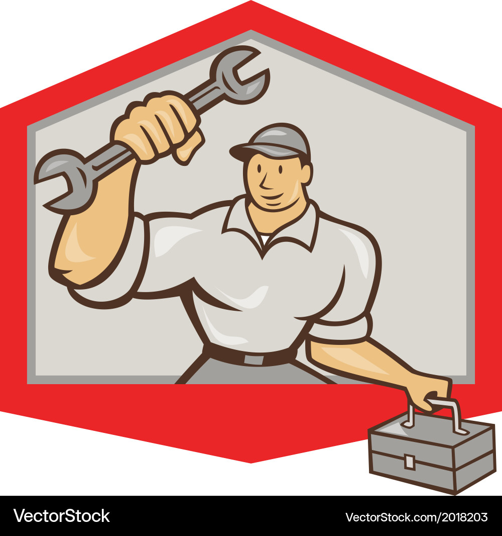 Mechanic hold spanner wrench toolbox shield Vector Image