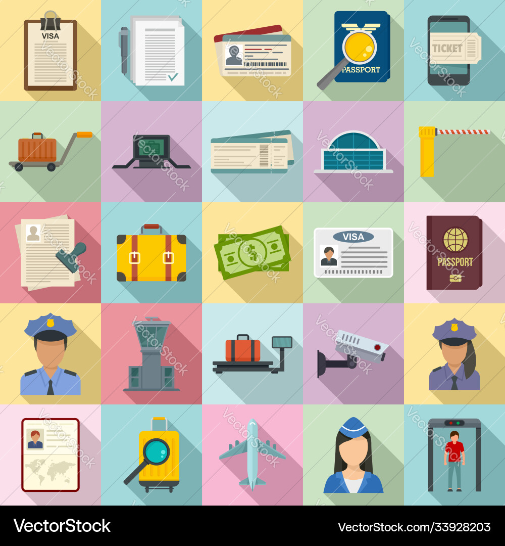 Passport control icons set flat style Passport control icons set flat style vector image