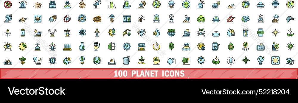 100 planet icons set color line style 100 planet icons set color line style vector image
