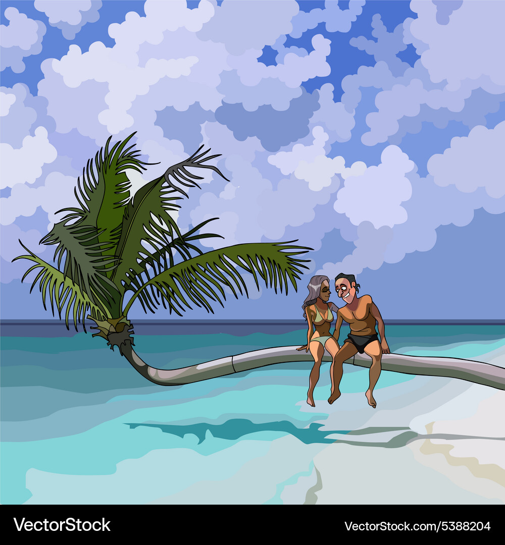 Cartoon couple in love sitting on a palm tree Vector Image