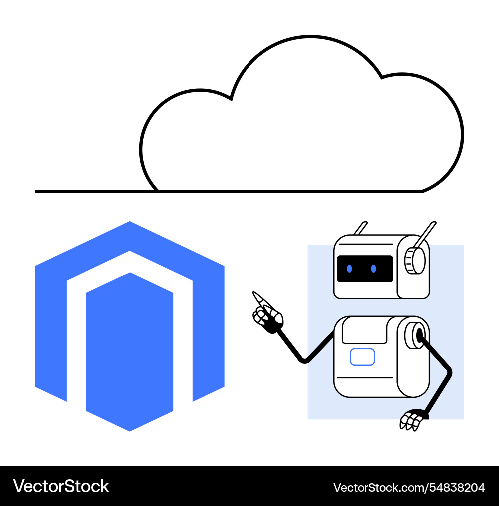 Friendly robot pointing to cloud and hexagonal Friendly robot pointing to cloud and hexagonal vector image