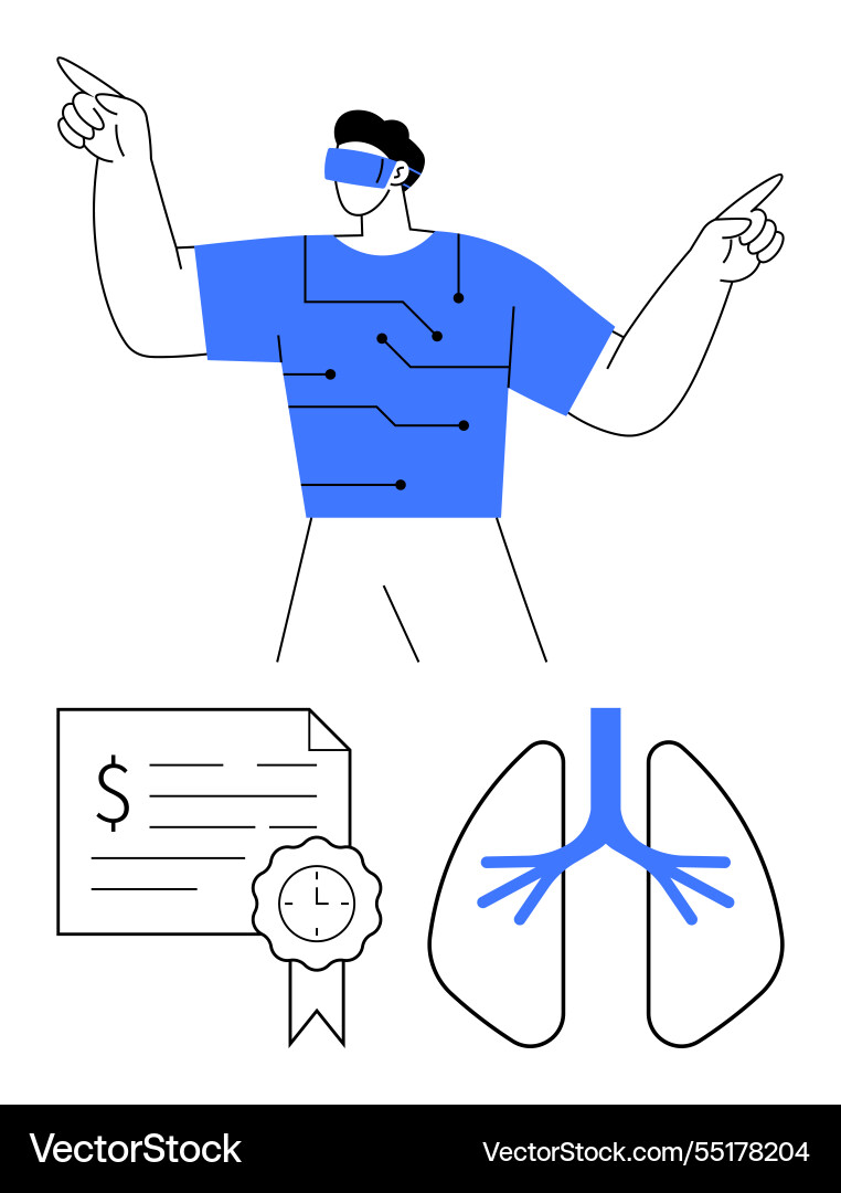 Man with vr headset pointing upward next Man with vr headset pointing upward next vector image