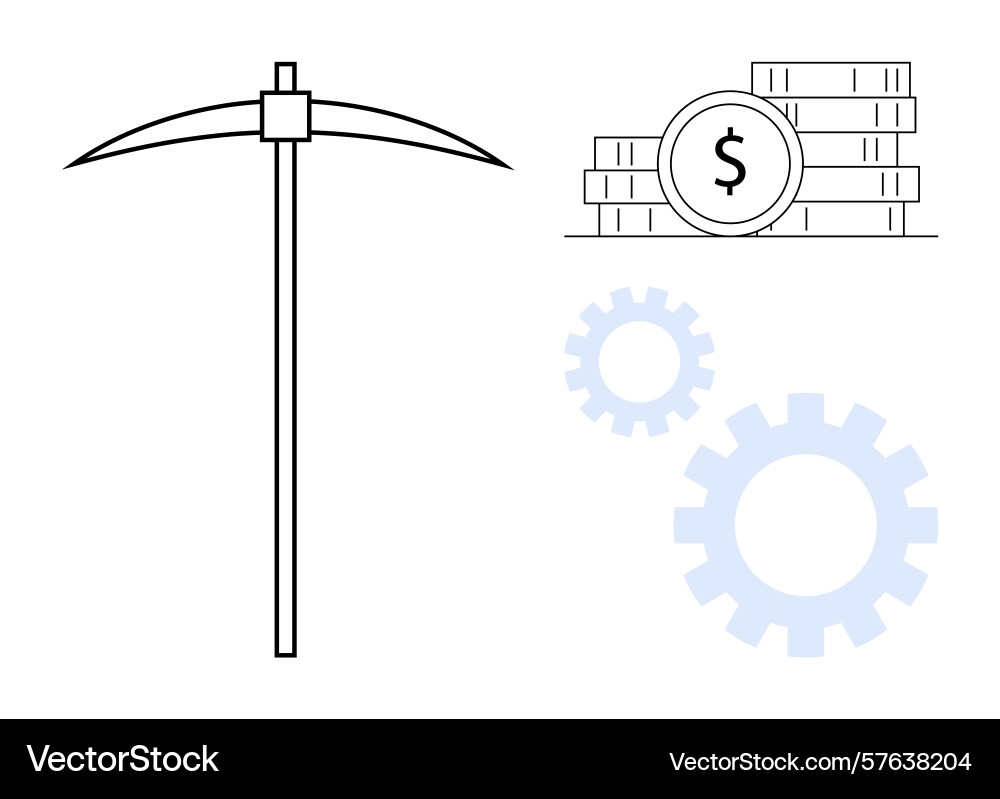 Pickaxe coins and gears representing mining Pickaxe coins and gears representing mining Vector Image