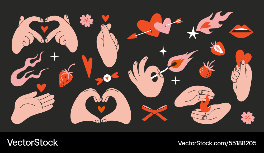 Hands gestures and romantic objects set gesturing Hands gestures and romantic objects set gesturing Vector Image